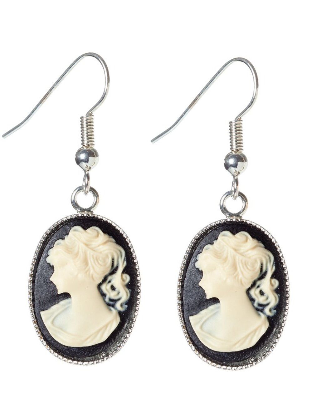 NWT Vintage-Style Black & Ivory Cameo Drop Earrings, 22mm